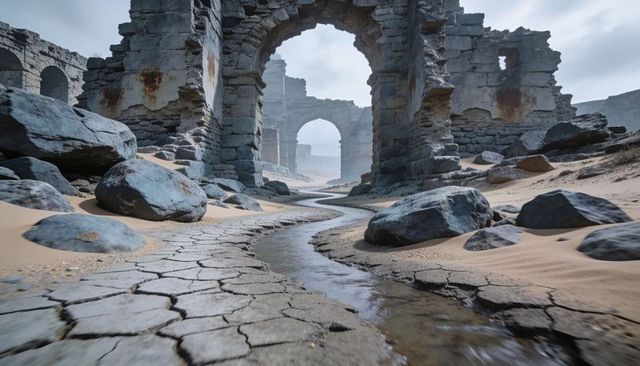 Winding stream leading through cracked riverbed and rust-stained arches in desert ruins