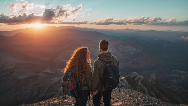 Romantic couple hiking at sunset on mountain summit holding hands over expansive valley