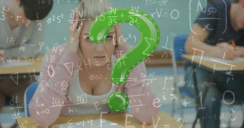 Confused Student Studying Mathematics in Classroom Setting