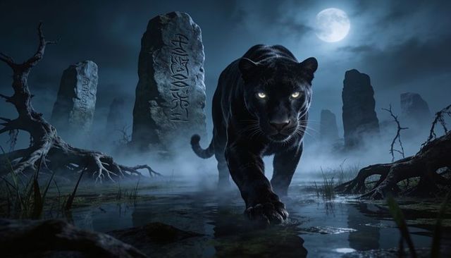 Midnight panther prowling misty rune-stone marsh under full moon glow among ancient monoliths