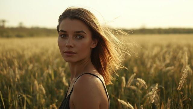 Woman Among Sunlit Wheat Field Embracing Nature's Serenity