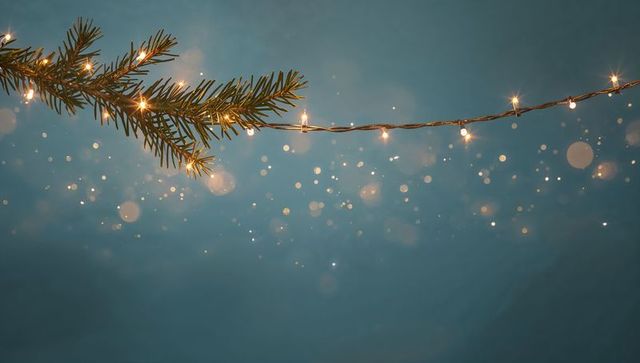 Teal blue holiday lights on evergreen pine branch with warm bokeh glow and sparkle