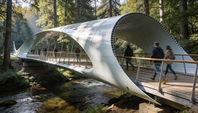 Sculptural Curved Pedestrian Bridge Spanning Woodland Stream with Walkers and Sunlight