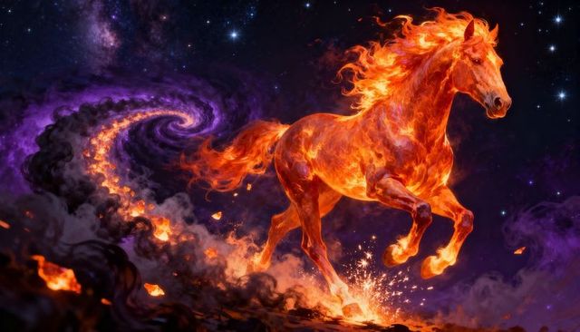 Galloping flame horse crossing cosmic vortex, blazing mane, kicking embers, molten trail