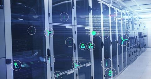 Futuristic data center with floating energy icons