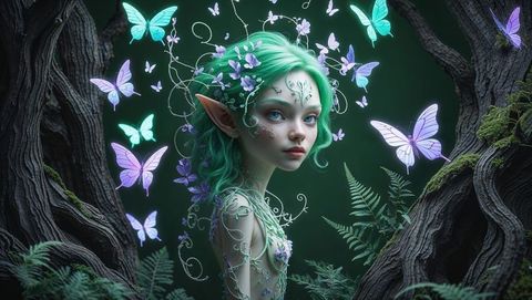 Ethereal Elf Amidst Enchanting Butterflies in Mystical Forest