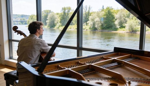 Cellist gazing out river window beside grand piano in sunlit music studio