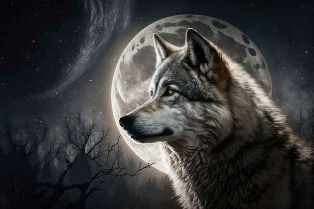 A majestic wolf stands against a night sky filled with stars and a full moon in the background. The scene exudes a sense of tranquility and mystery, making it perfect for use in themes related to nature, wildlife, and night-time settings. Suitable for use in websites, educational materials, storytelling visuals, or desktop wallpapers.