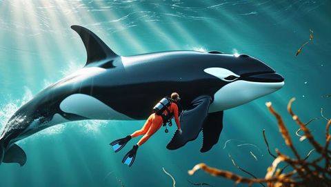 Scuba diver exploring ocean vastness with orca companion