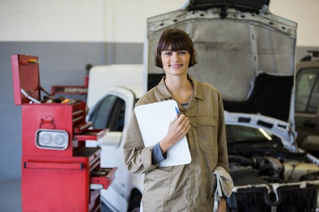 Female mechanic smiling at camera and holding clipboard at the repair garage