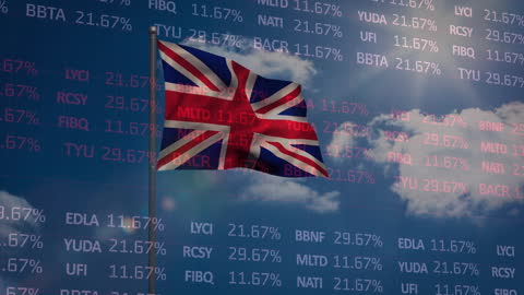 British Flag and Financial Data Overlay Illustrating Economic Climate