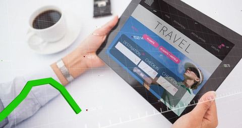 Businesswoman planning travel on tablet with booking interface and financial graph overlay