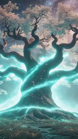 Fantasy video: Gnarled tree awakening and glowing with cyan energy in cosmic grove