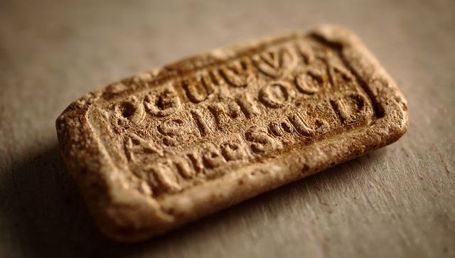 Macro rustic embossed tea biscuit showing crumb texture and wood surface detail
