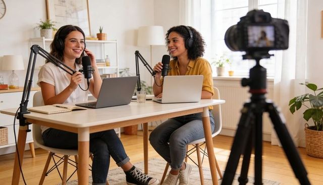 Recording cozy podcast with two female hosts smiling, chatting and collaborating in home studio