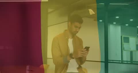 Businessman Using Smartphone with Innovative Overlay in Office Setting
