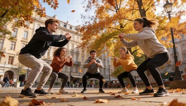 Performing group fitness squats in autumn urban plaza, outdoor workout team training