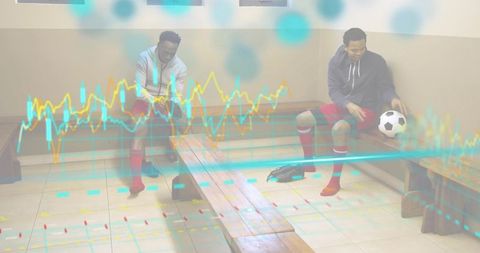 Locker room athletes tying cleats holding soccer ball with performance analytics overlay