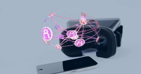 Futuristic vr headset projecting holographic global mesh above smartphone for connection