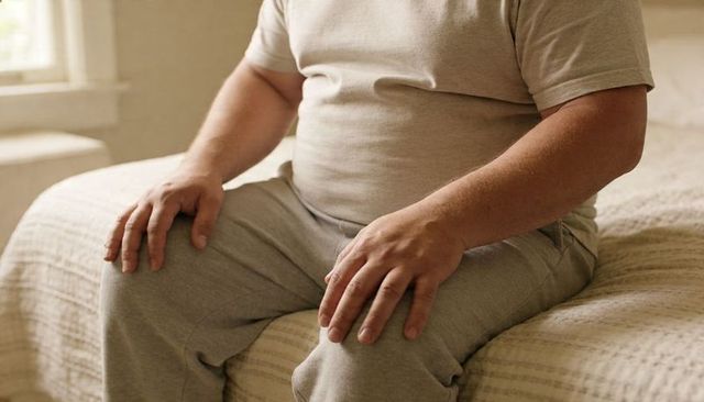 Overweight man sitting on bed wearing beige tee and gray joggers, relaxed bedroom scene