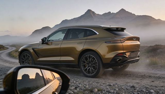 Golden luxury suv driving on mountain gravel road at dusk, kicking up dust