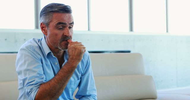 Pensive middle-aged man in a modern living room setting, wearing casual clothes, having a moment of contemplation or introspection. Can be used for content related to mental health, emotional well-being, introspection, modern lifestyle, staying calm, or handling stress.