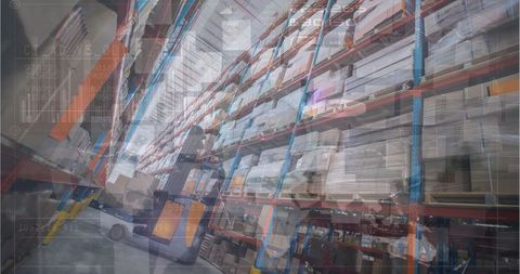 Warehouse Worker Driving Pallet Jack with HUD Overlay, Racking Inventory Automation