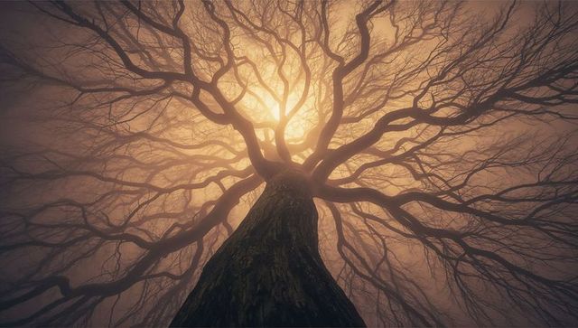 Majestic Tree Silhouette in Fog with Sunburst