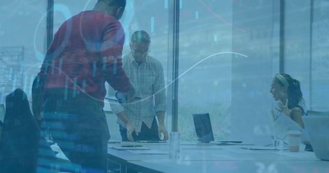 Financial Data with Diverse Colleagues in Modern Office Meeting