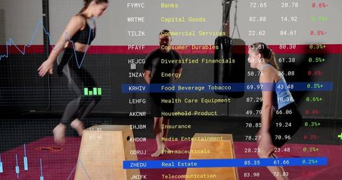 Three athletes performing plyometric box jumps in gym with financial stock overlay