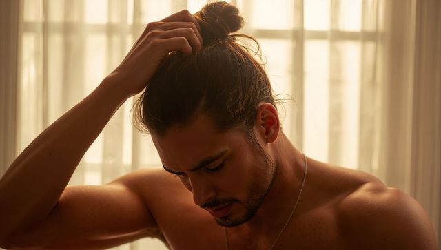 Contemplative shirtless man adjusting bun wearing chain necklace backlit by sheer window light