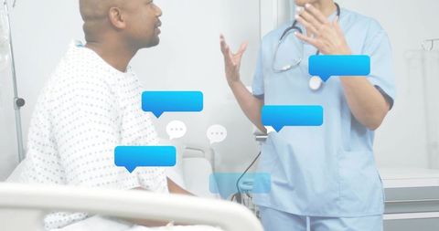 Nurse discussing care with patient at bedside, digital speech bubbles representing dialogue