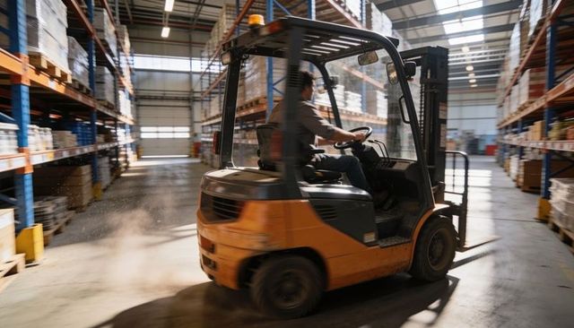 Warehouse forklift driving down aisle kicking up dust industrial distribution center