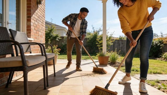 Couple sweeping sunlit patio together cleaning backyard porch outdoor weekend chore