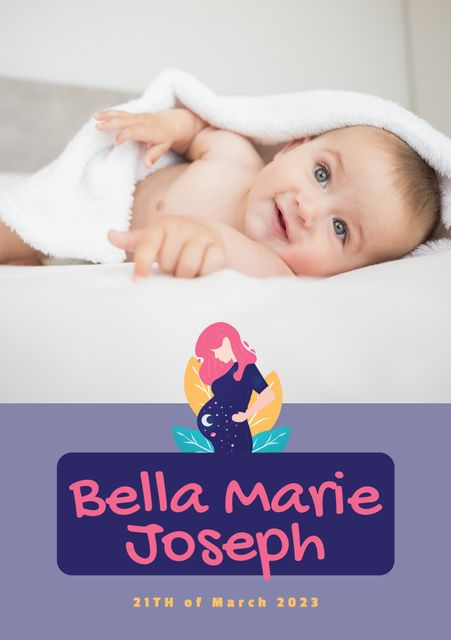 Cute newborn baby wrapped in a white towel, laying down, with customized text overlay announcing the baby's name and birth date set against a purple background. Ideal for birth announcements, social media posts, baby shower invitations, and family celebrations.