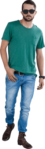 Trendy Guy Wearing Green T-Shirt and Denim on Transparent Background