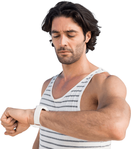 transparent young man in striped tank top checking watch time - Download Free Stock Videos Pikwizard.com