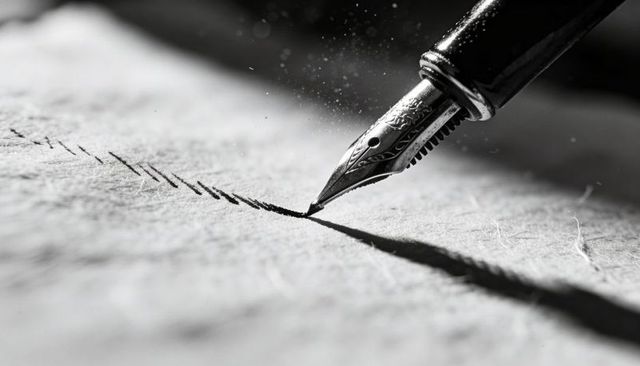 Vintage fountain pen nib drawing crisp ink line on textured paper with dramatic shadow