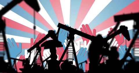Silhouetted oil pumpjacks over stylized red white blue hands sunburst poster