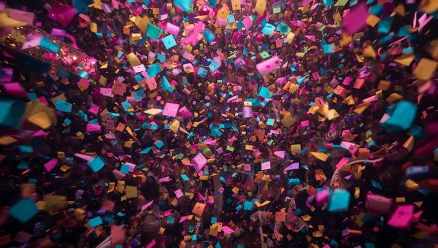 Vibrant magenta cyan gold confetti shower over concert crowd with glowing stage lights