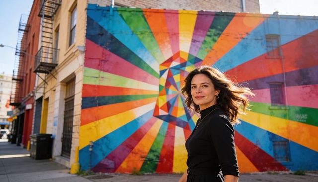 Woman in black posing by vibrant geometric mural on city street with sunlit hair