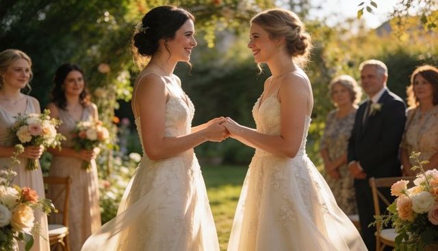 Two brides exchanging vows in sunlit garden ceremony with floral arch