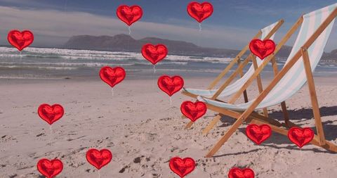Romantic Beach Scene with Deck Chairs and Heart Balloons