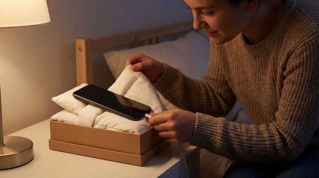 Woman connecting smartphone charger on bedside box at night with warm lamp glow