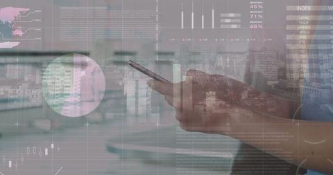 Businesswoman analyzing data on smartphone in urban office