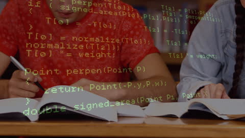Caucasian Students Studying with Overlay of Digital Data Processing Code
