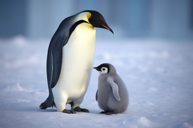 Emperor penguin standing with its fluffy chick in the Antarctic snow. Perfect for educational content, nature documentaries, wildlife presentations, and parenting parallels in the animal kingdom.