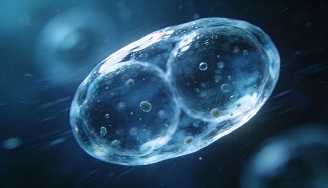 Translucent dividing cell under microscope showing vesicle cleavage and internal granules
