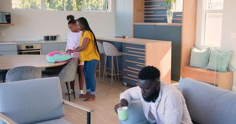 Family Morning Routine with Parents and Child Preparing for School