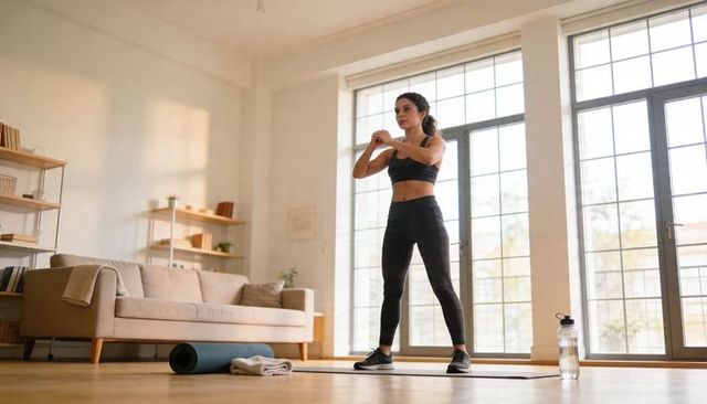 Woman exercising at home in black activewear by sunlit windows on hardwood floor